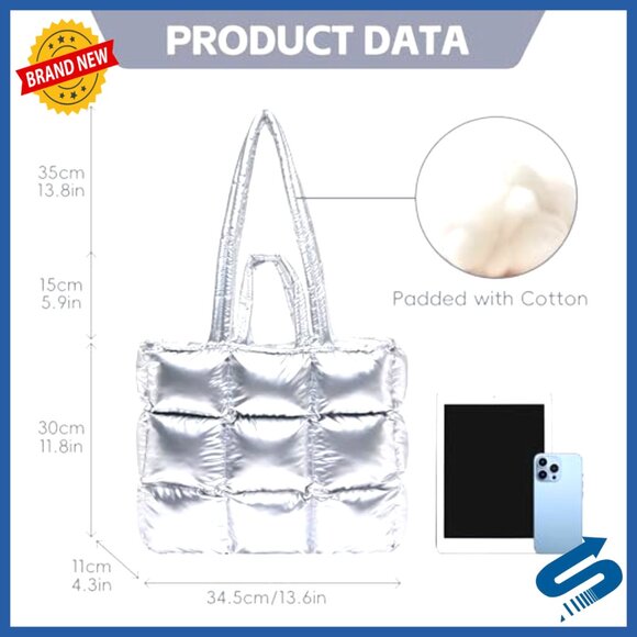 Large Quilted Puffer Tote Bag, Water-Resistant Nylon, 13.6x11.8x4.3 - Picture 3 of 7